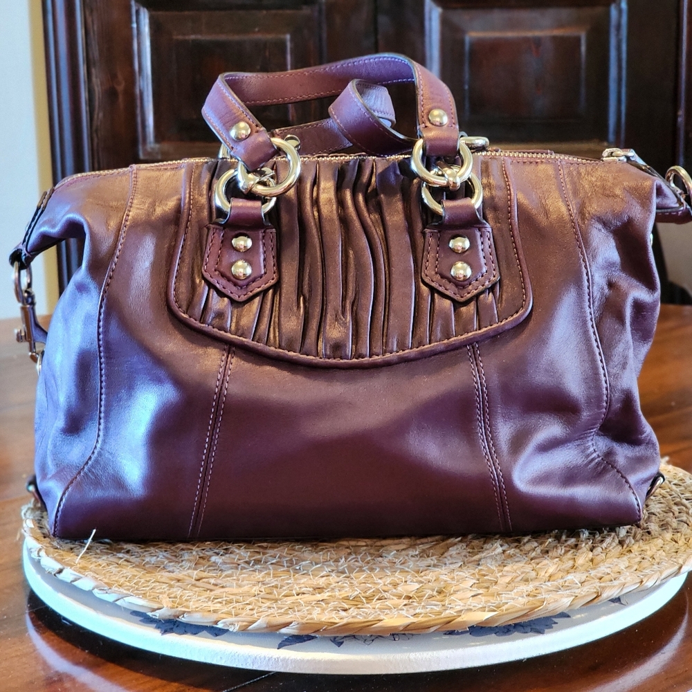Coach Ashley Gathered Satchel All Leather Purse Bag Aubergine Purple - Picture 5 of 10